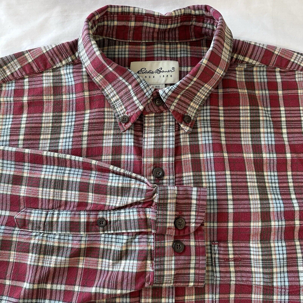 Eddie Bauer Mens Red Plaid Long Sleeve Single Pocket 100% Cotton Flannel M‎
